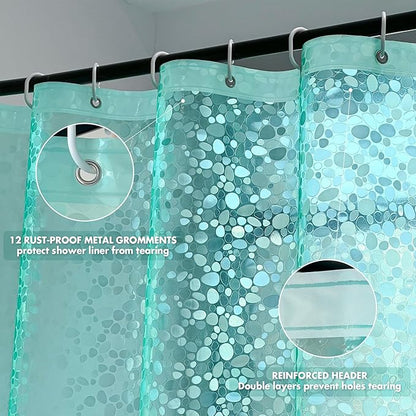 WELTRXE 8G EVA Clear Teal Shower Curtain with 3D Pebbles Design, 72x72 Inches Plastic Waterproof Shower Curtain Liner with Magnets/12 Hooks/Rustproof Grommets for Bathroom, Heavy Shower Liner