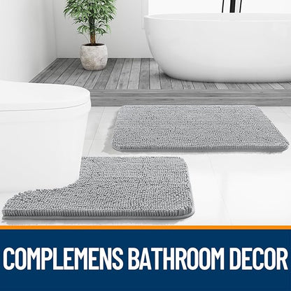 OLANLY Bathroom Rugs Sets 2 Piece, Soft Absorbent Chenille Bath Mats and U-Shaped Contour Toilet Mat Area Rug Set, Machine Washable Bath Carpet, Home Decor Accessories(30"x20"+24"x20", Light Grey)