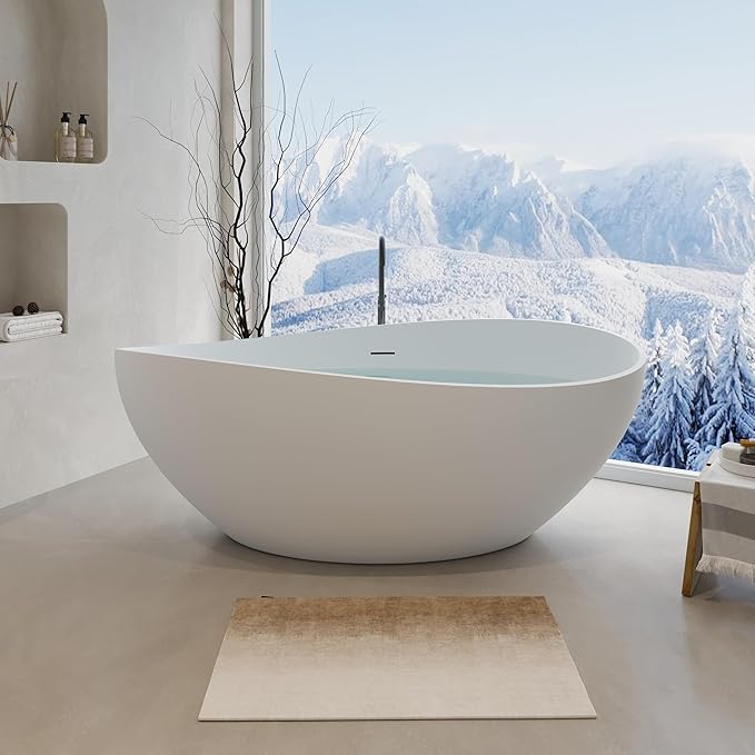 Abruzzo 63" Matte White Freestanding Solid Surface Bathtub - Stone Resin Soaking Tub, cUPC Certified