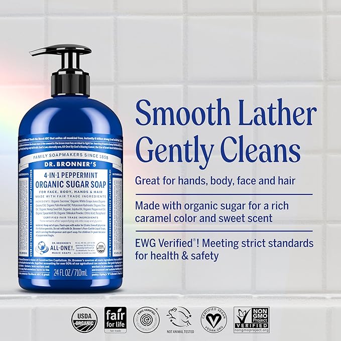 Dr. Bronner's - Organic Sugar Soap (Peppermint, 24 Ounce) - Made with Organic Oils, Sugar & Shikakai Powder, 4-in-1 Uses: Hands, Body, Face & Hair, Cleanses, Moisturizes & Nourishes, Vegan