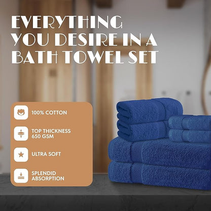 Navy Bath Towel Set of 6 - 100% Cotton Highly Absorbent Towels for Bathroom, 2 Luxury Bath Towels 650GSM, 2 Hand Towels, 2 Washcloths