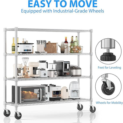 Homdox Heavy Duty Metal Shelves for Storage, 4 Tier Storage Racks and Shelving, Commercial Adjustable Wire Shelving Unit on Wheels, Garage Rack Pantry Shelves Kitchen Shelving, 18"x60"x72", Chrome