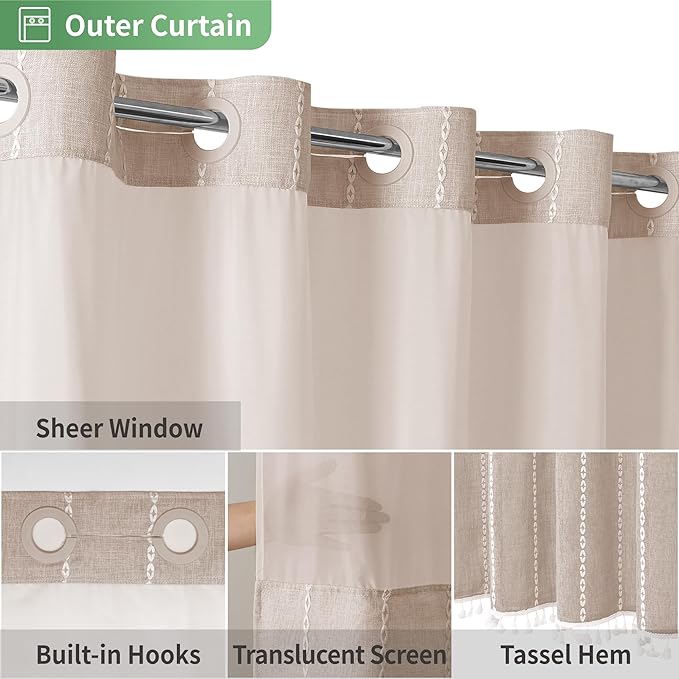 No Hook Extra Long Shower Curtain Set with Snap-in Liner,Linen Textured Thick Striped Fabric with Tassels,Boho Chic Modern Farmhouse Bathroom Curtain,Water-Repellent,Tan/Taupe,71x86