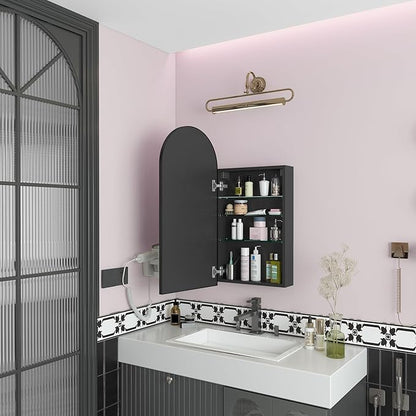 FKWin Arched Medicine Cabinet with Mirror,Bathroom Mirror with Storage,Aluminum Alloy Bathroom Cabinet,Modern Wall Mounted Medicine Cabinet with 3 Adjustable Shelves,Not Recessed, 29.5"x15.7",Black