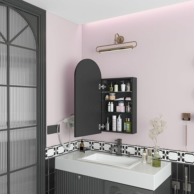 FKWin Arched Black Bathroom Medicine Cabinet with Mirror, Left or Right Opening, Bathroom Vanity Mirrors for Over Sink, Surface Mount Medicine Cabinet not Recessed, Black, 16x31 inch