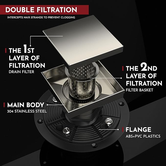WEBANG 4 Inch Square Shower Drain Nickel Floor Drain with Flange Reversible 2-in-1 Cover Tile Insert Grate Removable SUS304 Stainless Steel CUPC Certified Brushed Nickel
