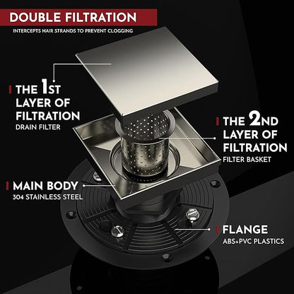 WEBANG 4 Inch Square Shower Drain Nickel Floor Drain with Flange Reversible 2-in-1 Cover Tile Insert Grate Removable SUS304 Stainless Steel CUPC Certified Brushed Nickel