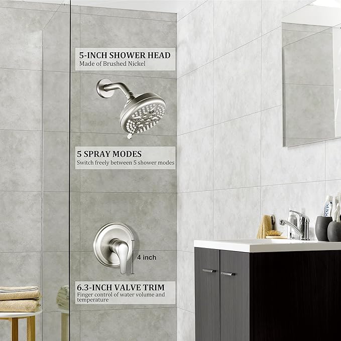 KINSE Shower Faucet Set, 5 Spray Rain Shower Fixtures, 5inchShower Head and HandleSet, Brushed Nickel shower kit with valve and shower head