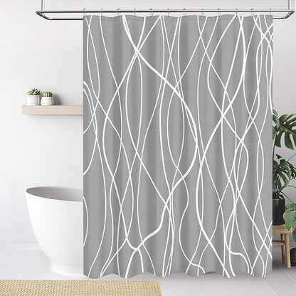Tititex Morden 140gms Faux Linen Fabric Bath Shower Curtain Set Textured Fabric with Gray White Curve Pattern 72x72 Inch Water Resistant Bathroom Curtains, Weighted Hem & Hooks for Home/Hotel