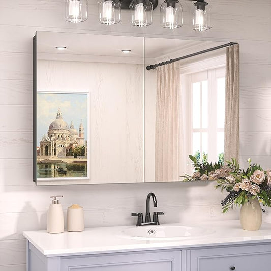 TokeShimi 36 x 24 Recessed Medicine Cabinet Mirror with Storage Black, Aluminum Tempered Wall Medicine Cabinet Mirror Bathroom with Adjustable Metal Shelves Modern