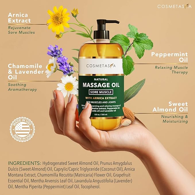 Cosmetasa Sore Muscle Massage Oil for Massage Therapy with Roller - All Natural, Cruelty-Free Massage Oils for Muscle Relaxing & Joint Comfort - Arnica Extract with Lavender & Chamomile Oil (8.8 oz)