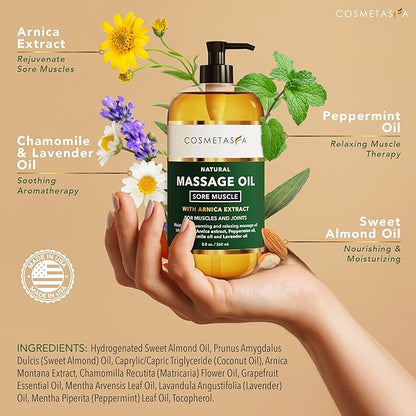 Cosmetasa Sore Muscle Massage Oil for Massage Therapy with Roller - All Natural, Cruelty-Free Massage Oils for Muscle Relaxing & Joint Comfort - Arnica Extract with Lavender & Chamomile Oil (8.8 oz)