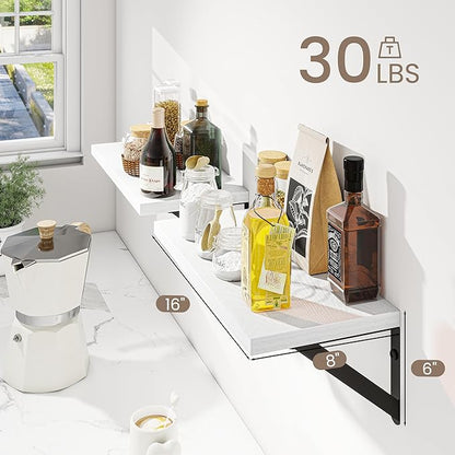Dreamland White Floating Shelves for Wall, 16W x 8D Wall Mounted Shelves Set of 2, Floating Shelves Bedroom with Sturdy Metal Brackets for Living Room, Bathroom and Kitchen