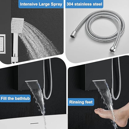 ROVOGO Shower Panel Tower System with Led Lights Rainfall Waterfall Shower Head, 2 Big Body Jets, Handheld and Tub Spout, Shower Column Stainless with Mixer Valve, Black