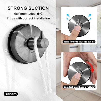 YOHOM Suction Cup Hooks - Black Stainless Steel Window and Shower Towel Hooks - Holds 2 Pcs