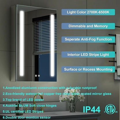 WELLFOR 20" X 30" LED Medicine Cabinet with Mirror, Single Left Opening Door, Recessed or Surface Cabinet Mirror, Bathroom Mirror Cabinet, Medicine Cabinet with Lights with Outlets & USB Ports