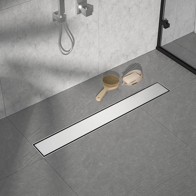 Linear Shower Drain 26", Brushed Floor Drain with Tiled Insert Grate & Hair Strainer, 304 Stainless Steel Bathroom 2-in-1 Tiled in Drain, CUPC Certified (Brushed, 26'')