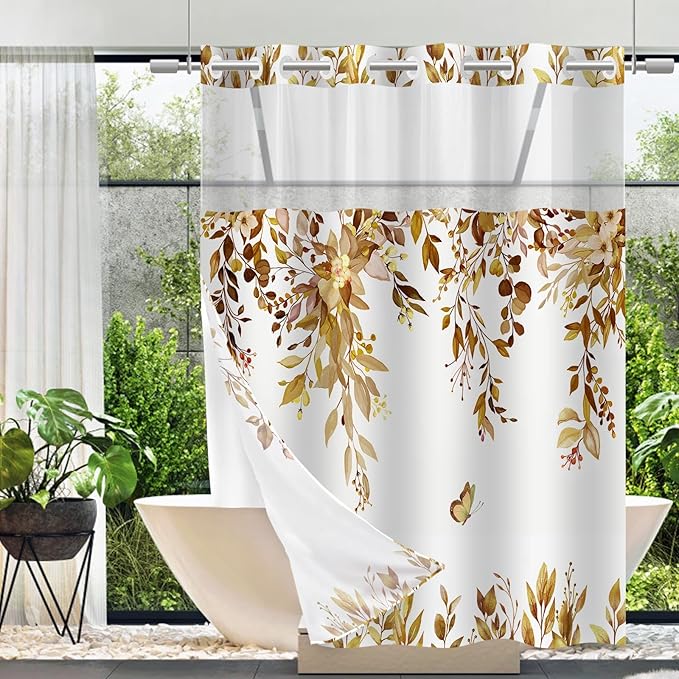 No Hook Shower Curtain and Liner Set, Yellow Eucalyptus Floral Shower Curtains for Bathroom, Bath Curtain Sets with Snap in Liner, Waterproof with See Through Top Window, 71x84 Inches