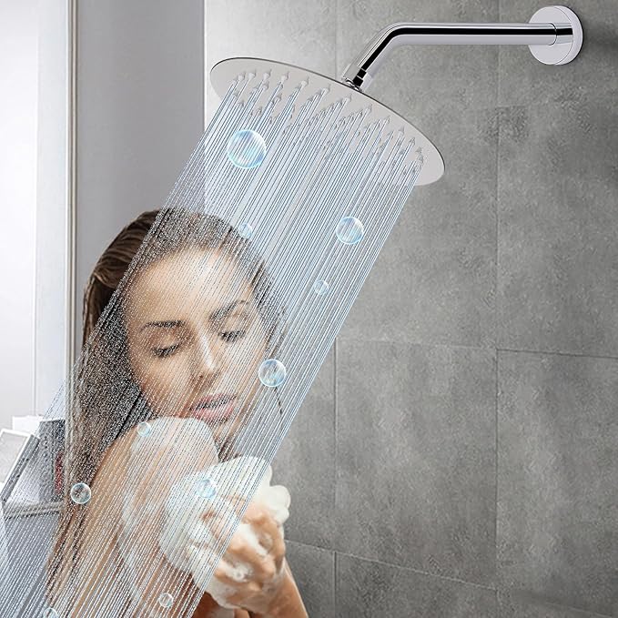 HarJue Shower Arm with Flange and Teflon Tape, Wall Mounted Shower Pipe 304 Stainless Steel Extension Arm for Fixed Shower Head & Handheld (12 Inches, Chrome)
