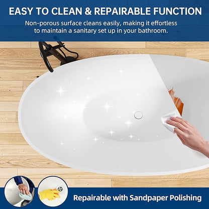 71'' Freestanding Solid Surface Resin Stone Bathtub, Freestanding Tub, Contemporary Design Stand Alone Tub with Pop-up Drain and Overflow, cUPC Certified, Matte White (Oval) AM3031800…