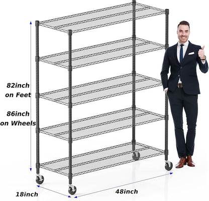 Homdox Heavy Duty Storage Shelves, 5 Tier Wire Shelving Unit with Wheels, Commercial Adjustable Metal Shelves for Storage, Garage Rack Pantry Shelves Kitchen Shelving, 18"x48"x82", Black