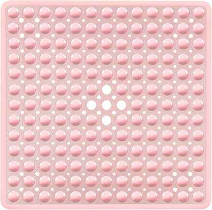 Pink Square Shower Bathtub Mat Non Slip 21x21 Inch, Soft Bath Mat for Inside Shower Tub, Shower Stall Mats for Bathroom Floor with Big Suction Cups Drain Holes, Easy Washable Dry, BPA-Free