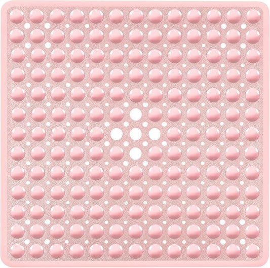 Pink Square Shower Bathtub Mat Non Slip 21x21 Inch, Soft Bath Mat for Inside Shower Tub, Shower Stall Mats for Bathroom Floor with Big Suction Cups Drain Holes, Easy Washable Dry, BPA-Free