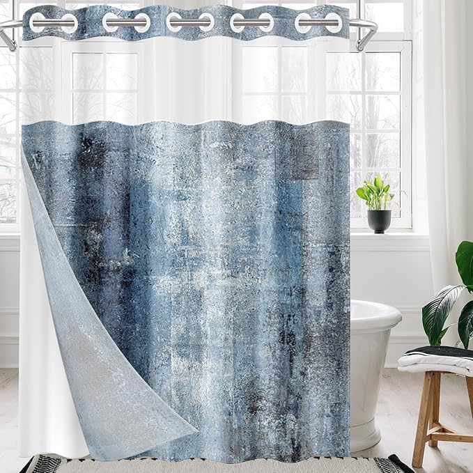 No Hook Grey Navy Blue Painting Shower Curtain with Snap in Fabric Liner Set, Abstract Double Layers Waterproof Fabric with See Through Top Window Open Grommet Bath Curtain 71x74 Inch