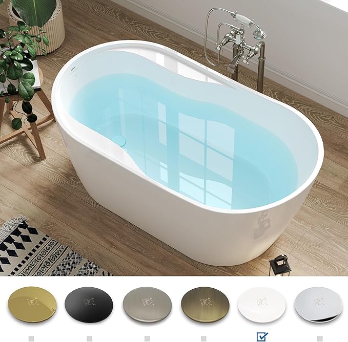 FerdY Lana'i 60" Freestanding Bathtub, Gracefully Shaped Freestanding Soaking tub, Glossy White, cUPC Certified, Polised White Drain Assembly Included