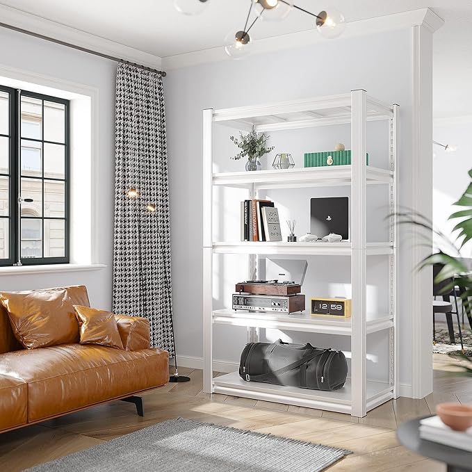 Raybee Garage Shelving, 2000LBS Storage Shelves, White Metal Shelves, 5 Tier Adjustable Heavy Duty Shelving for Pantry Kitchen Closet Basement Warehouse 16.5" D x 32" W x 63" H