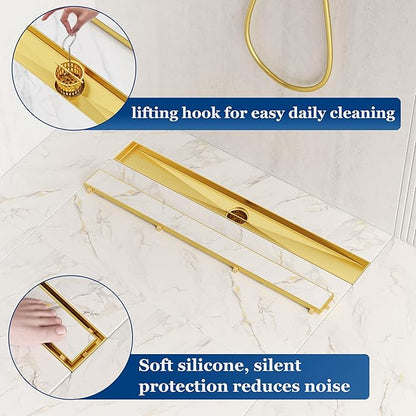 Neodrain 18-Inch Linear Shower Drain with Tile Insert Grate, Golden 304 Stainless Steel Rectangle Shower Floor Drain, Linear Drain with Leveling Feet, Hair Strainer