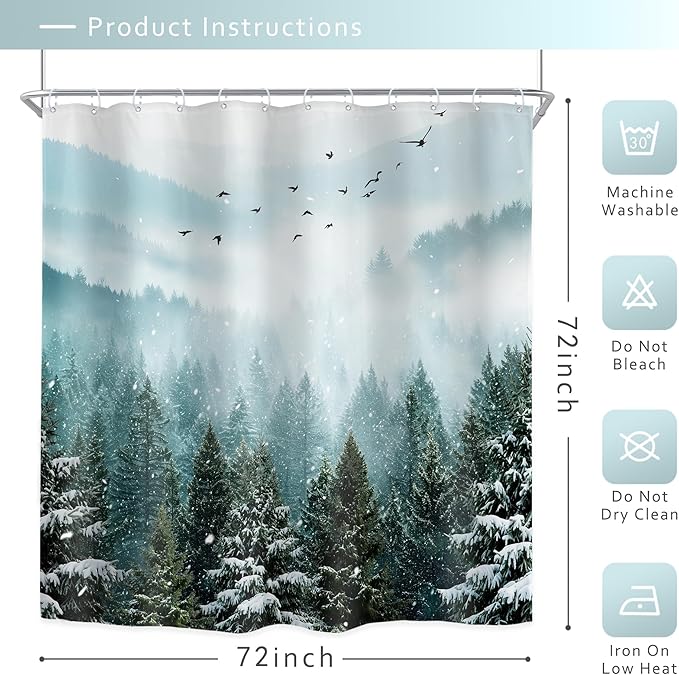 Riyidecor Green Mountain Shower Curtain 72Wx72H Inch Winter Snowy Rustic Sage Scenery Misty Landscape Foggy Christmas Pine Tree Wood View Bathroom Decor Fabric Polyester Waterproof 12 Pack Hooks