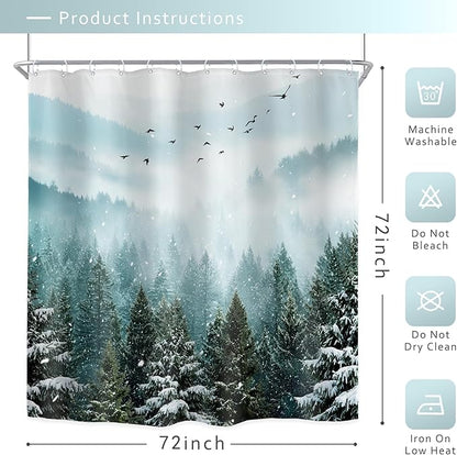 Riyidecor Green Mountain Shower Curtain 72Wx72H Inch Winter Snowy Rustic Sage Scenery Misty Landscape Foggy Christmas Pine Tree Wood View Bathroom Decor Fabric Polyester Waterproof 12 Pack Hooks