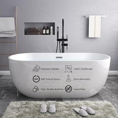 Freestanding Tub Faucet - Matte Black Floor Mounted, 360 Degree Swivel Gooseneck Filler with Hand Shower Mixer Tap. SE-3001-BK