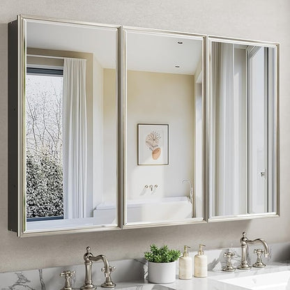 Pre-Assembled Surface or Recessed Medicine Cabinet Mirror-48x30 Brushed Nickel Bathroom Medicine Cabinet with Mirror & Rustproof Aluminum Frame, Beveled Bathroom Vanity Mirror with Storage