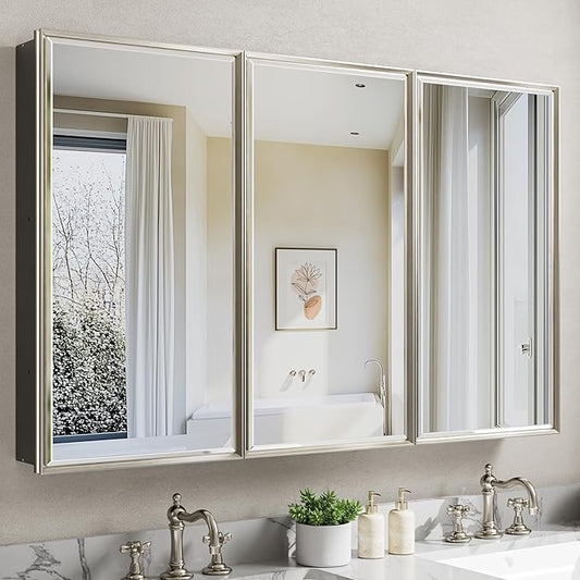 Pre-Assembled Surface or Recessed Medicine Cabinet Mirror-48x30 Brushed Nickel Bathroom Medicine Cabinet with Mirror & Rustproof Aluminum Frame, Beveled Bathroom Vanity Mirror with Storage
