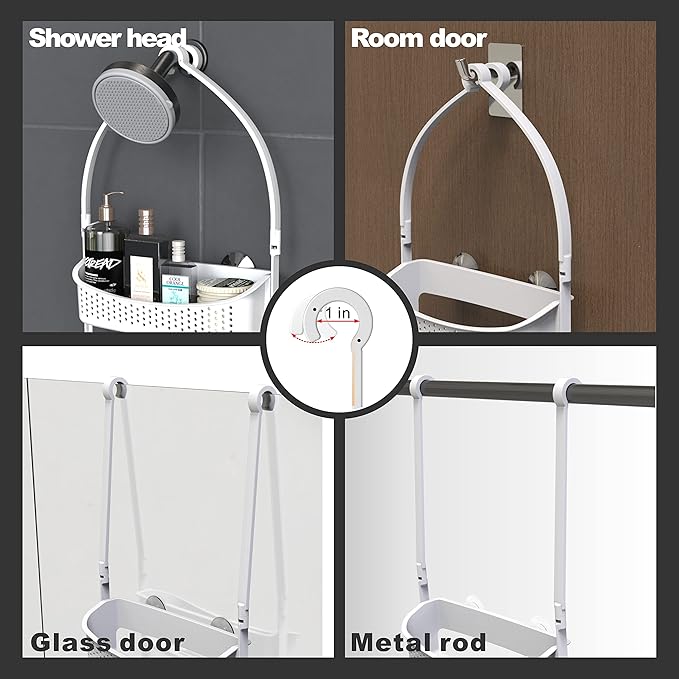 Heavy duty shower caddy hanging; 3 tiers supper large plastic shower basket over the showerhead; never rust baskets over the door, shower organizer for bathroom without tools, White