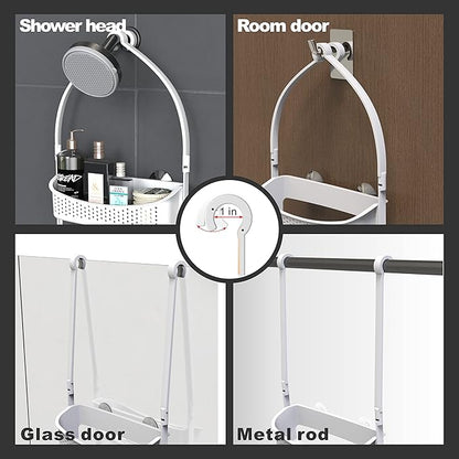 Heavy duty shower caddy hanging; 3 tiers supper large plastic shower basket over the showerhead; never rust baskets over the door, shower organizer for bathroom without tools, White