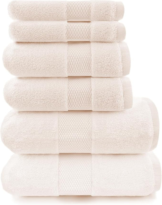 Maisonette Elegance 100% Organic Cotton Turkish Bathroom Towel Set, Soft & Absorbent, Ideal Quick Dry Luxury Hand, Large Bath Towels & Washcloths for Shower (6 Pack), Light Beige (Natural)