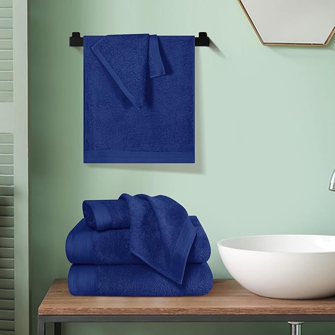 Ultra Soft 6 Pack Cotton Towel Set, Contains 2 Bath Towels 28x55 inch, 2 Hand Towels 16x24 inch & 2 Wash Coths 12x12 inch, Ideal Everyday use, Compact & Lightweight - Navy Blue