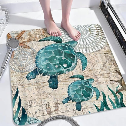 Sea Turtle Square Anti Slip Shower Mats for Inside Shower Accessories, Cute Bath Mats for Bathroom Non Slip Shower Floor Mat Decor Rubber Bathmat With Suction and Drain Holes Machine Washable, 21″X21″
