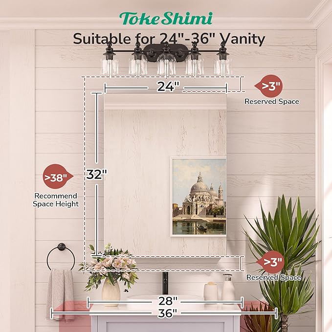 TokeShimi 24x32 Mirrored Medicine Cabinet Recessed or Wall Mount, Aluminum Tempered Silver Bathroom Medicine Cabinet with Mirror with Stepless Adjustable Storage Metal for Modern Farmhouse