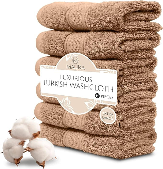 MAURA 6-Pack Premium Turkish Washcloth Set - Ultimate Luxury with Soft, Thick, Super Absorbent, and Oversized Cotton Face Towels - Ideal for a Hotel & Spa Quality Experience in Classic Brown Elegance