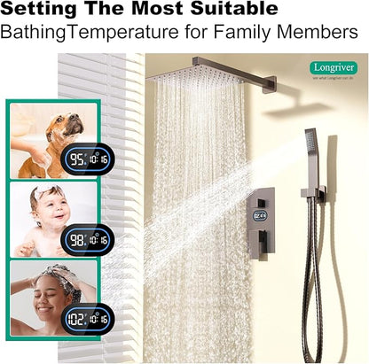 Longriver Shower Faucet Set with Hydro Power Temperature Display, Shower 12 Inch Shower Head with Handheld Spray, Wall Mounted Shower Fixtures with Shower Valve and Trim Kit, Oil Rubbed Bronze