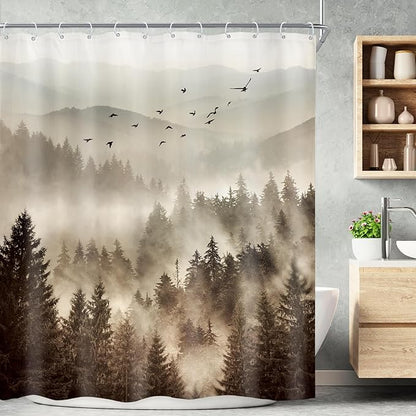Riyidecor Foggy Mountain Shower Curtain 60Wx72H Inch Nature Rustic Woodland Scenery Tree Alpine Landscape Natural Abstract Modern Scene Bathroom Decor Fabric Polyester Waterproof 12 Pack Hooks