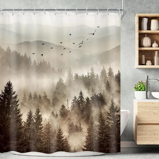 Riyidecor Foggy Mountain Shower Curtain 60Wx72H Inch Nature Rustic Woodland Scenery Tree Alpine Landscape Natural Abstract Modern Scene Bathroom Decor Fabric Polyester Waterproof 12 Pack Hooks