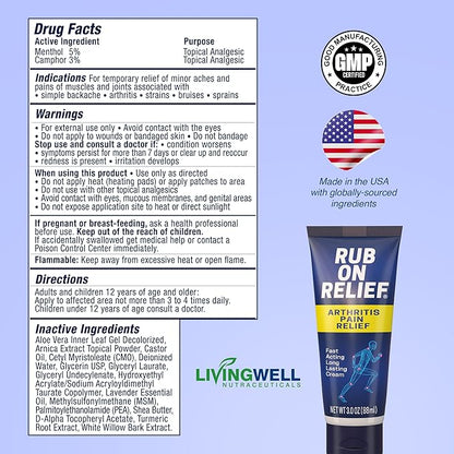 RUB ON RELIEF Topical Pain Relief Cream - Non-Greasy Joints Pain Cream for Knees, Shoulders & Back, Targeted Arthritis & Muscle Aches with Arnica, MSM, Turmeric, Aloe Vera, & Castor Oil- 3 oz (1 Pack)