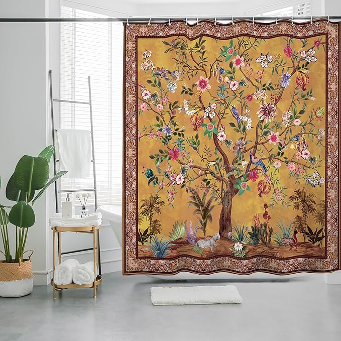 Bohemian Shower Curtain, Boho Floral Print Water Repellent Polyester Fabric for Bathroom Decor, 72×72 Inch Standard Size with 12 Hooks, Also as Room Divider