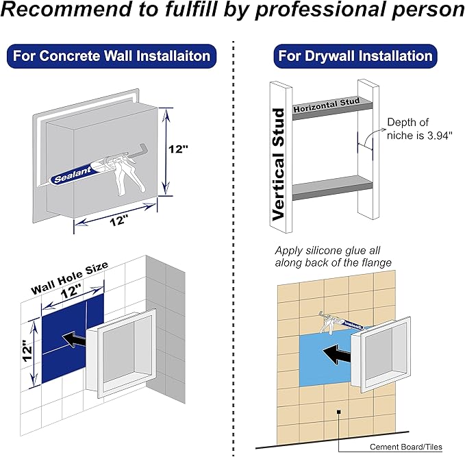 Stainless Steel Shower Niche 12" X 12" White No Tile Needed Niche Shower Recessed Wall Niches for Bathroom Storage Over Mount Installation
