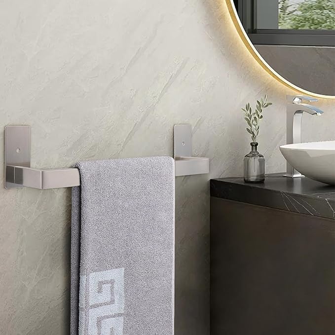 NearMoon Self Adhesive Bathroom Towel Bar, Stainless Steel Square Bath Wall Shelf Rack Hanging Towel Stick On Sticky Hanger Contemporary Style, Towel Rack Wall Mounted (16 Inch, Brushed Nickel)